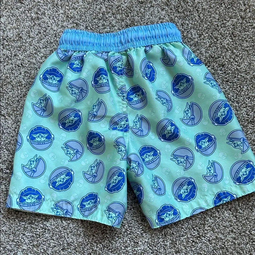 Star Wars Baby Yoda Boys Blue and Green Swim Trunks, Size 2T